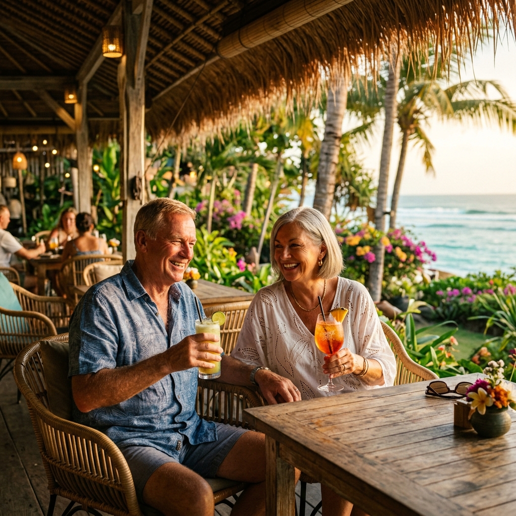 Happy Australian couple enjoying retirement life at a beachside café in Bali